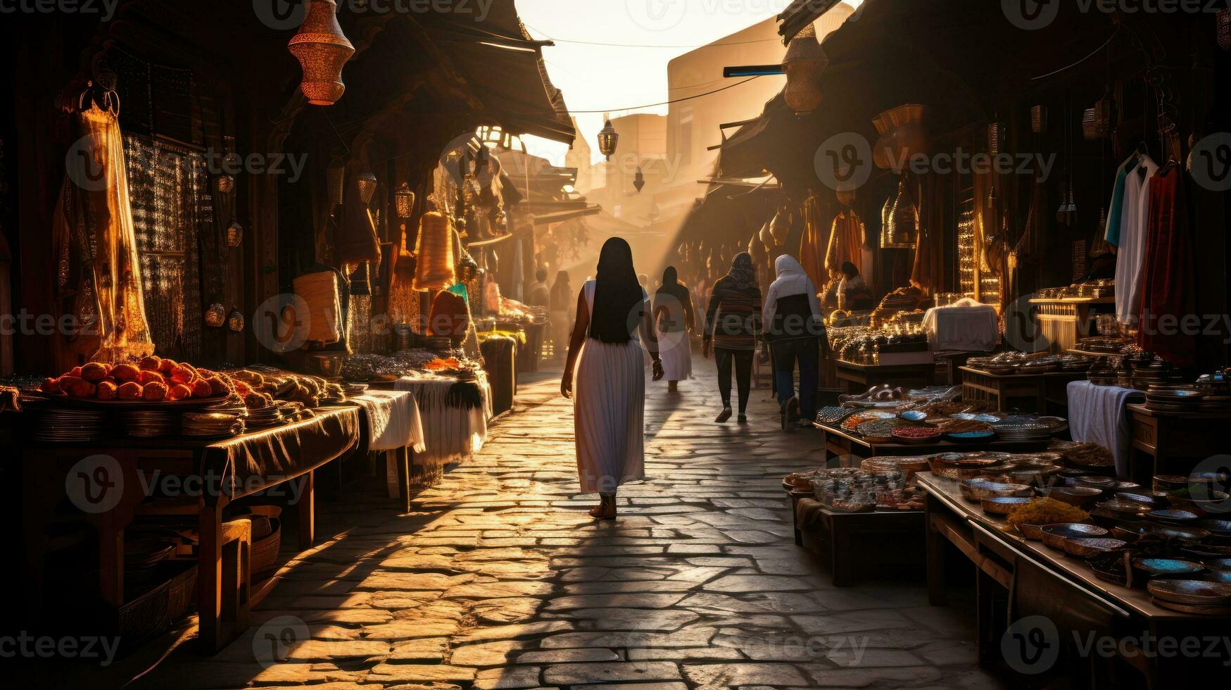 Exploring the vibrant and exotic Moroccan souks at sunset. Generative AI photo