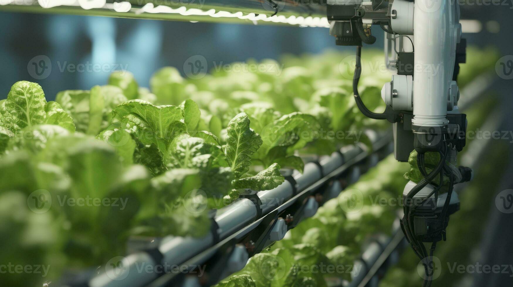 Close Up Automatic Agricultural Technology With Of Robotic Arm Harvesting Lettuce In Vertical Hydroponic Plant. Generative AI photo