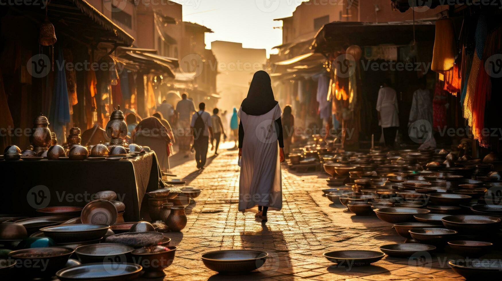 Dusk in the Bazaar. A Vivid Expedition into Moroccan Souks. Generative AI photo
