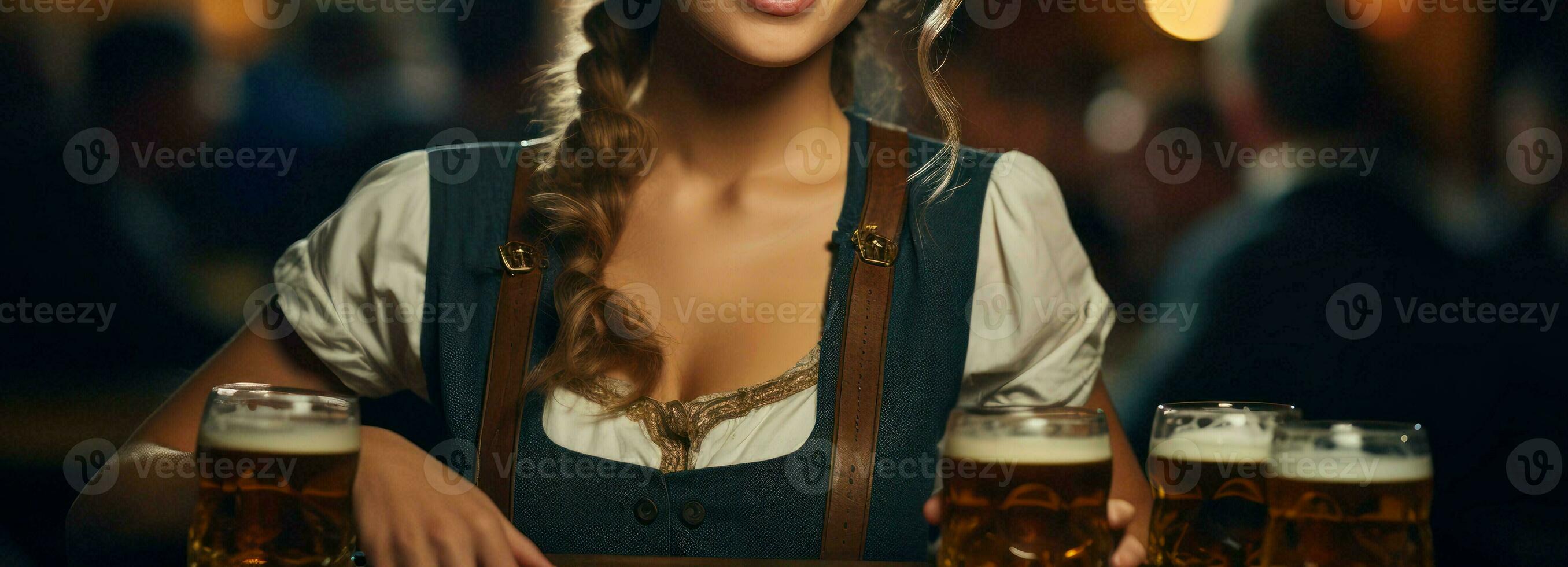 Cropped, Waitress wearing traditional clothes and holding beers at the festival. German culture and celebration concept. Generative AI photo