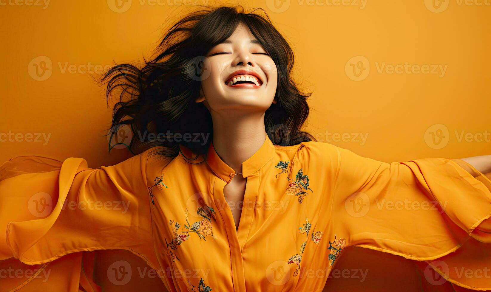 Cheerful Asian lady with a beaming smile set. AI generative. photo