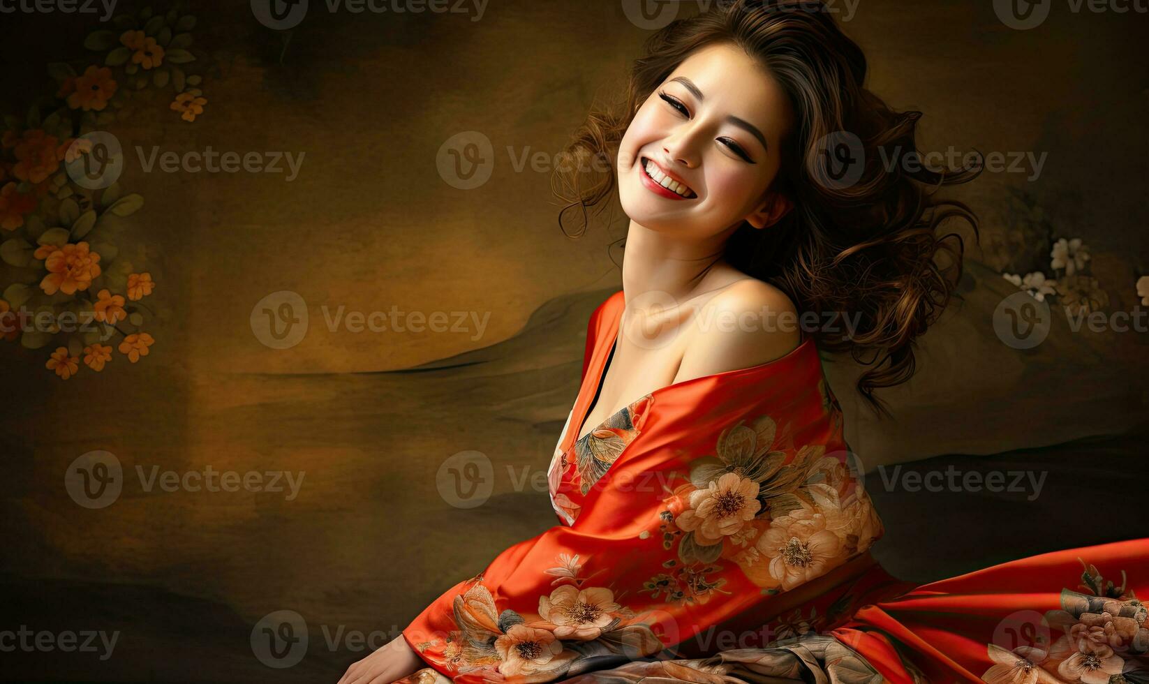 Cheerful Asian lady exuding happiness on a vibrant. AI generative. photo