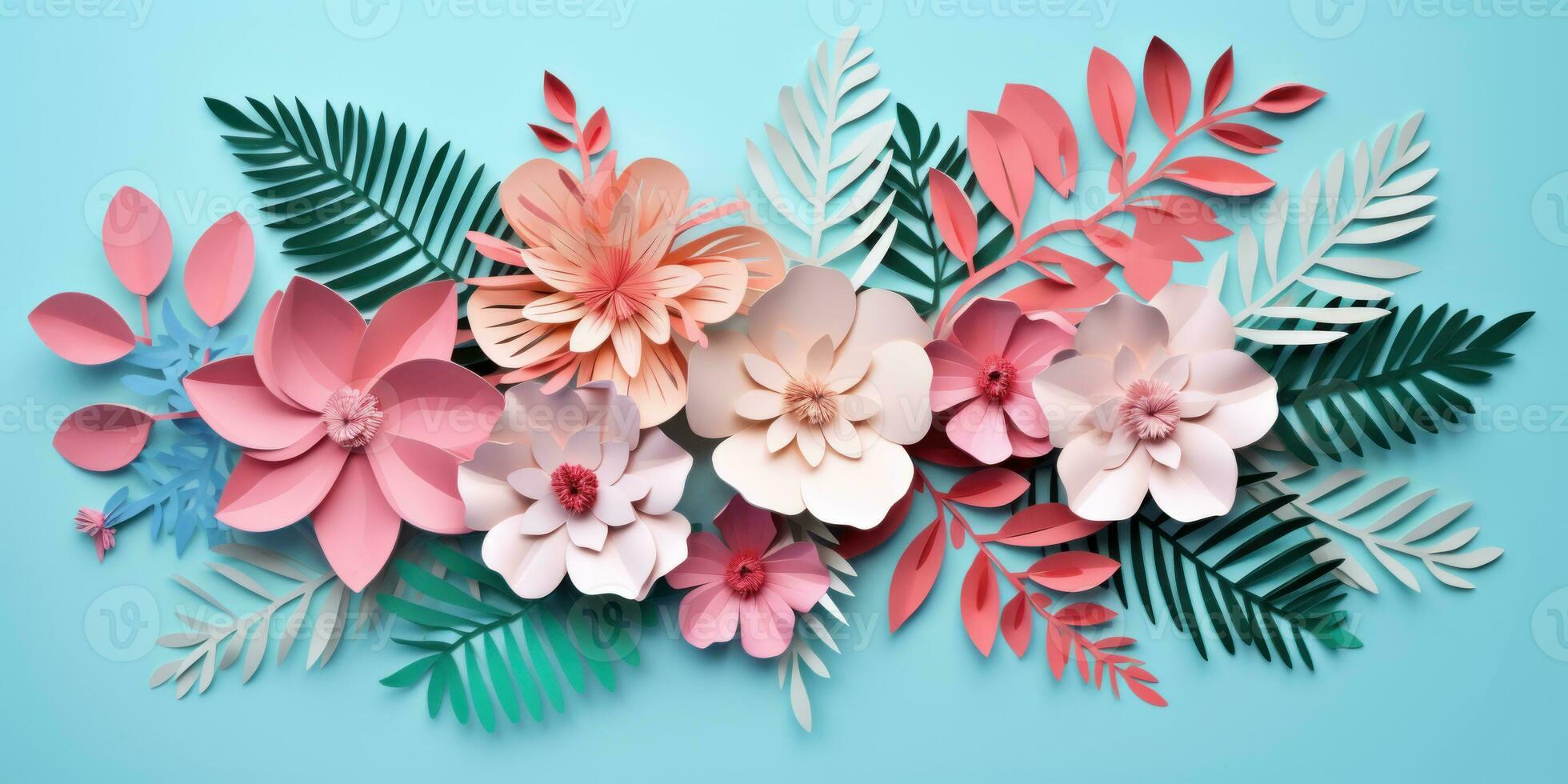 Colorful paper tropical blooms. AI generative. photo