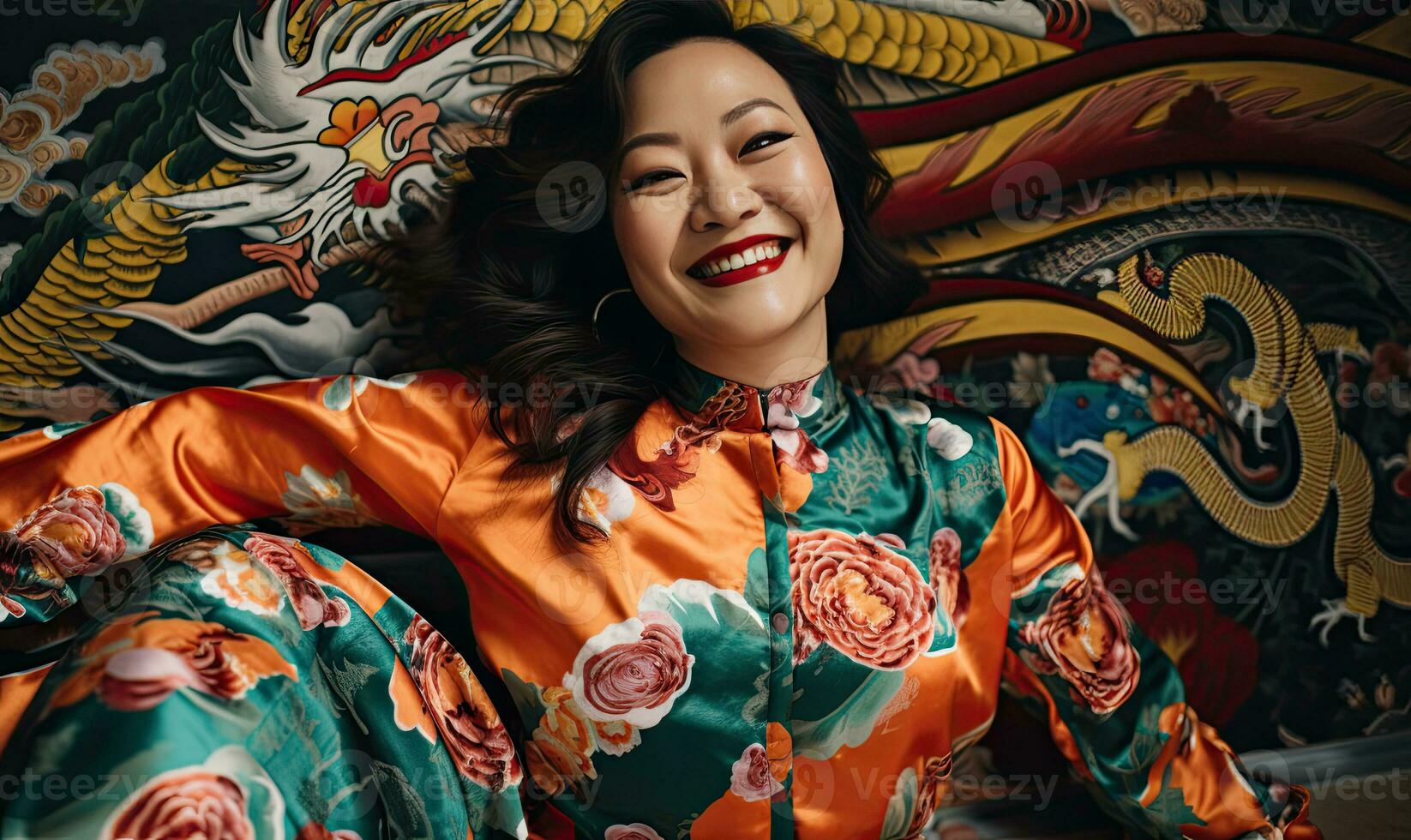 Elegant woman in vibrant kimono, epitome of Japanese artistry. AI generative. photo