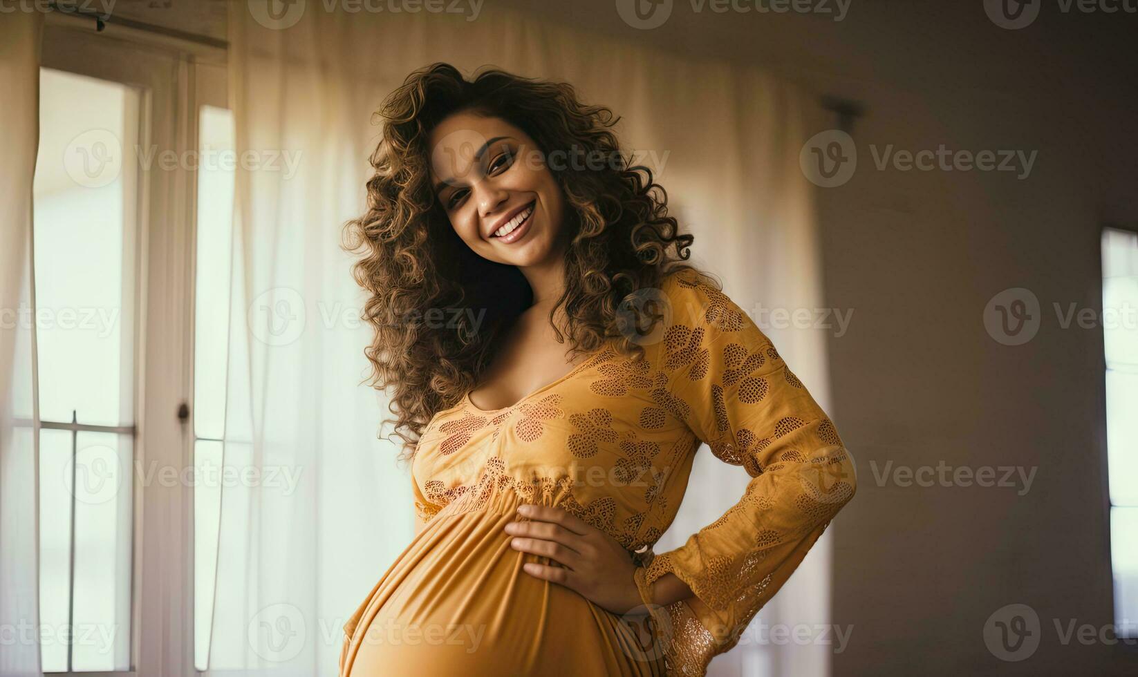 Joyful pregnant Latina with a loving touch on her abdomen. AI generative. photo