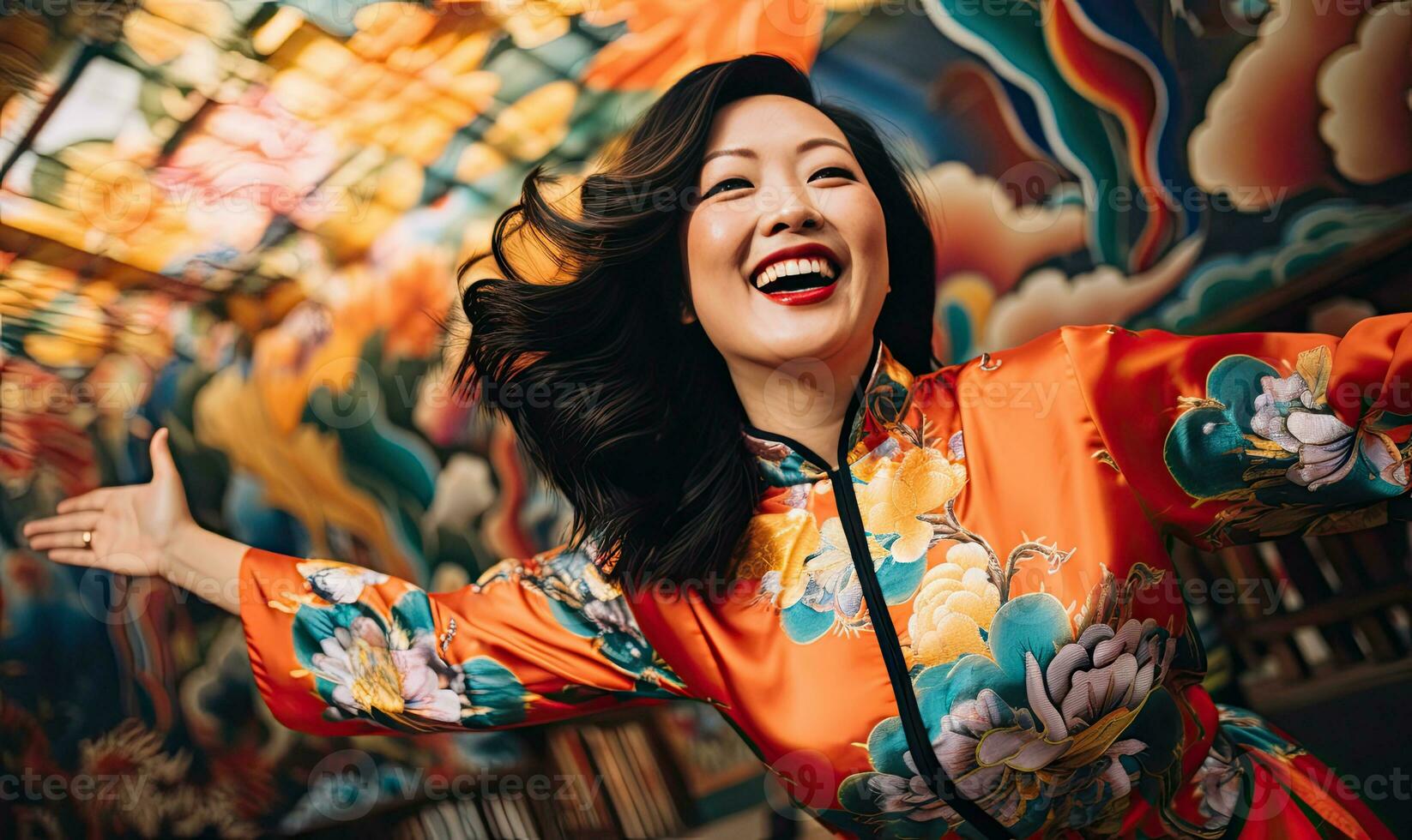 Elegant woman in vibrant kimono, epitome of Japanese artistry. AI generative. photo