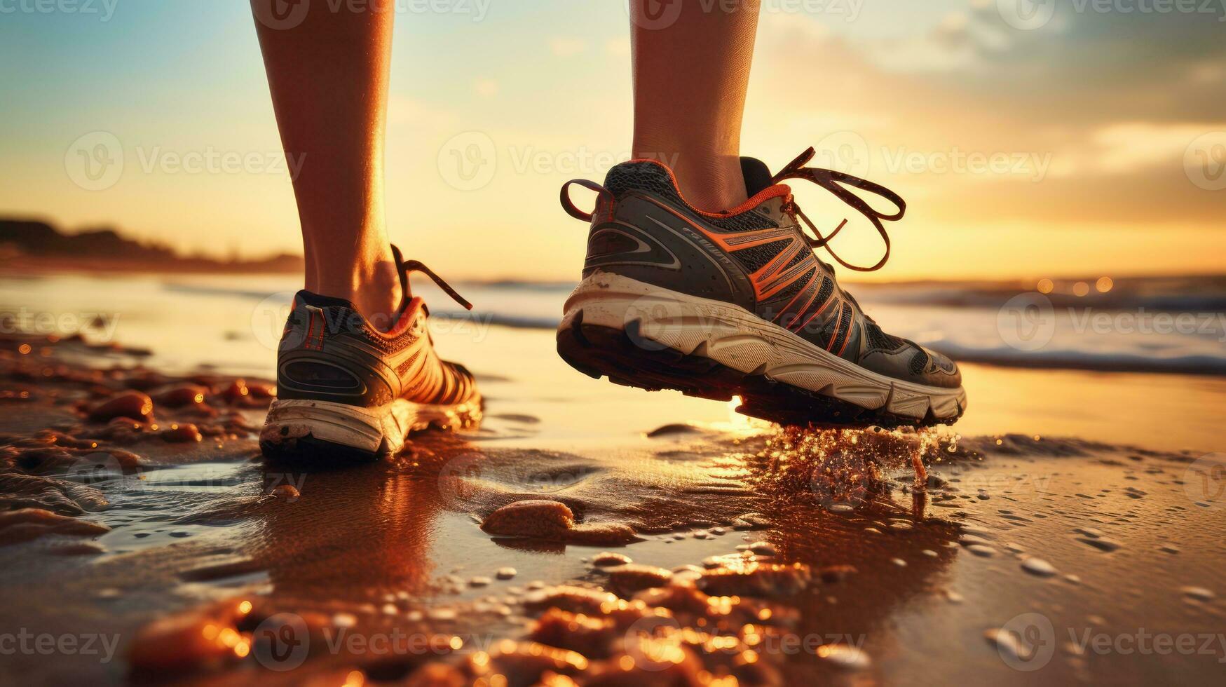 Running on the Beach at Sunset in Sneakers. Generative AI photo