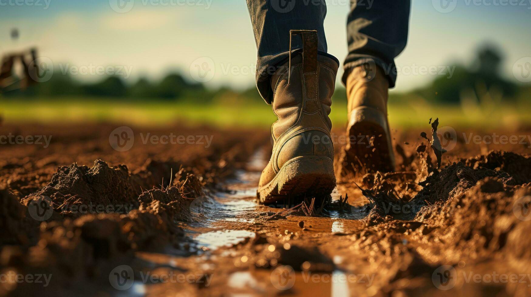 Farmers Hard Work Captured in Dusty, Rugged Boots during Agriculture Season. Generative AI photo