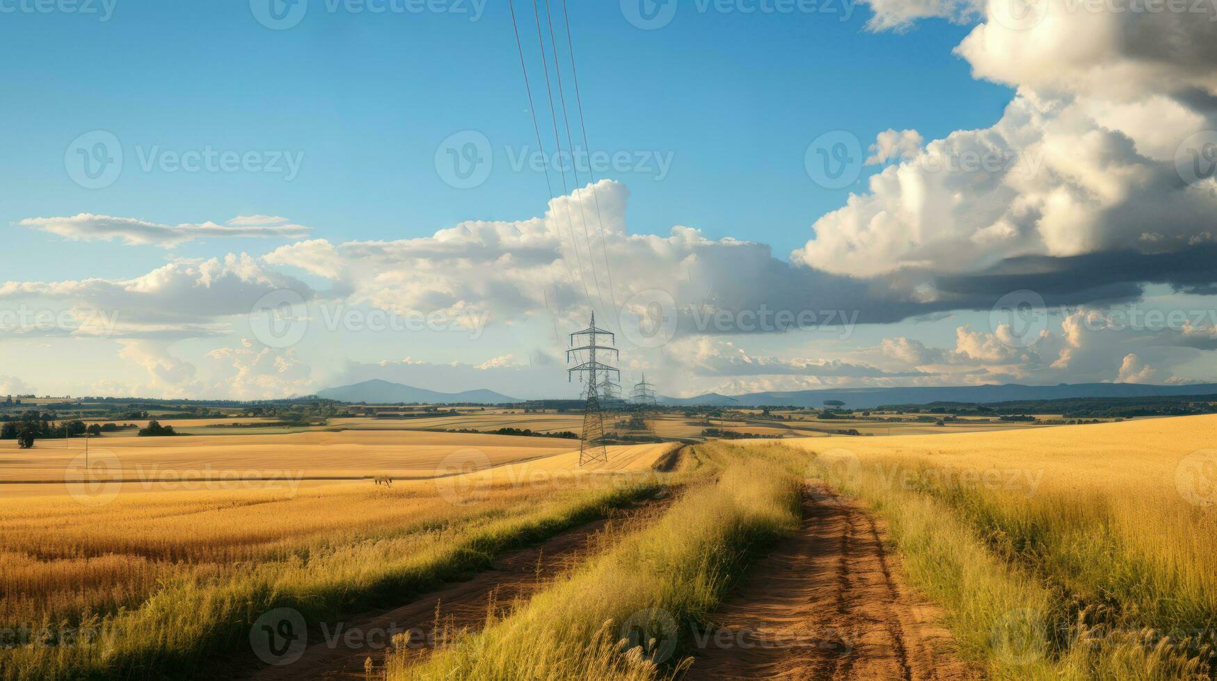 High voltage electric transmission towers and wheat field. Electric power lines and agricultural fields. Generative AI photo