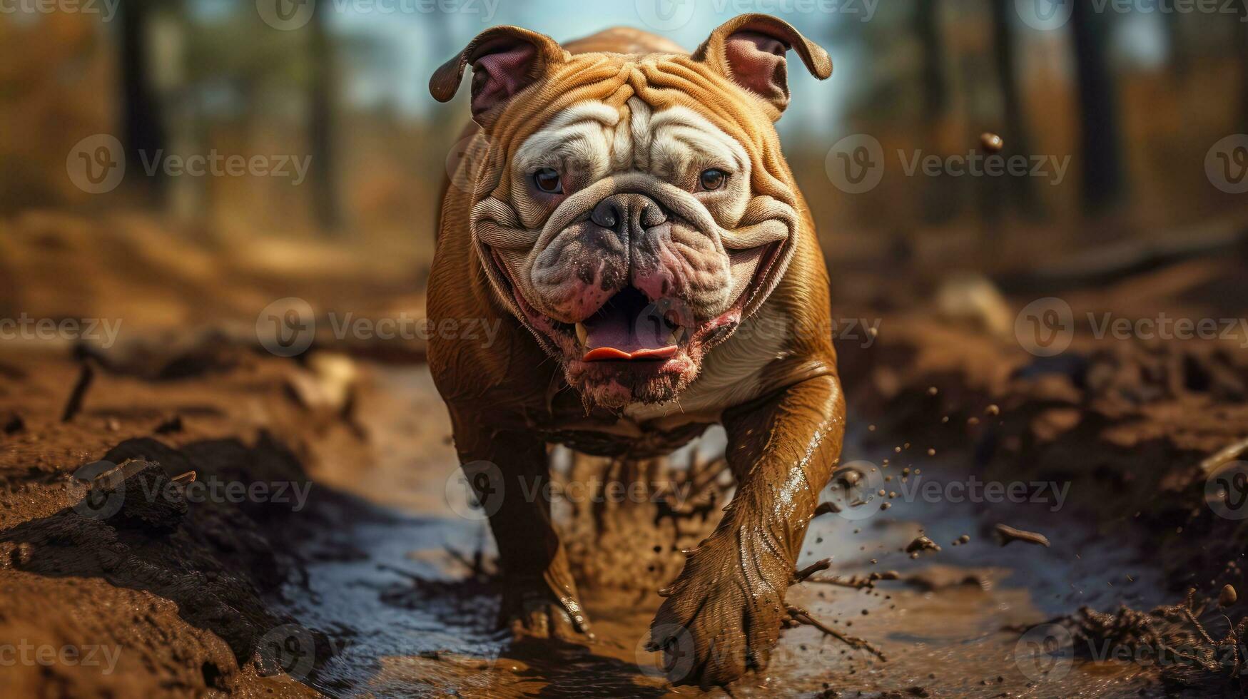 A bulldog covered in dirt, bravely walking on a path filled with mud. Generative AI photo