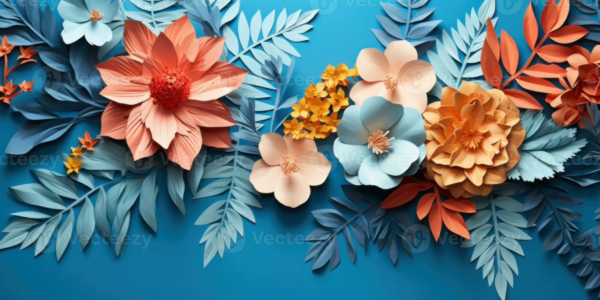 Colorful paper flowers and leaves. AI generative. photo