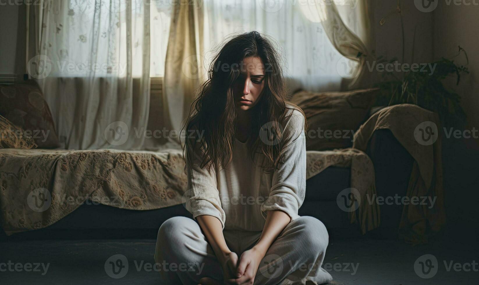 Vulnerable woman at home, lost in thought. AI generative. photo