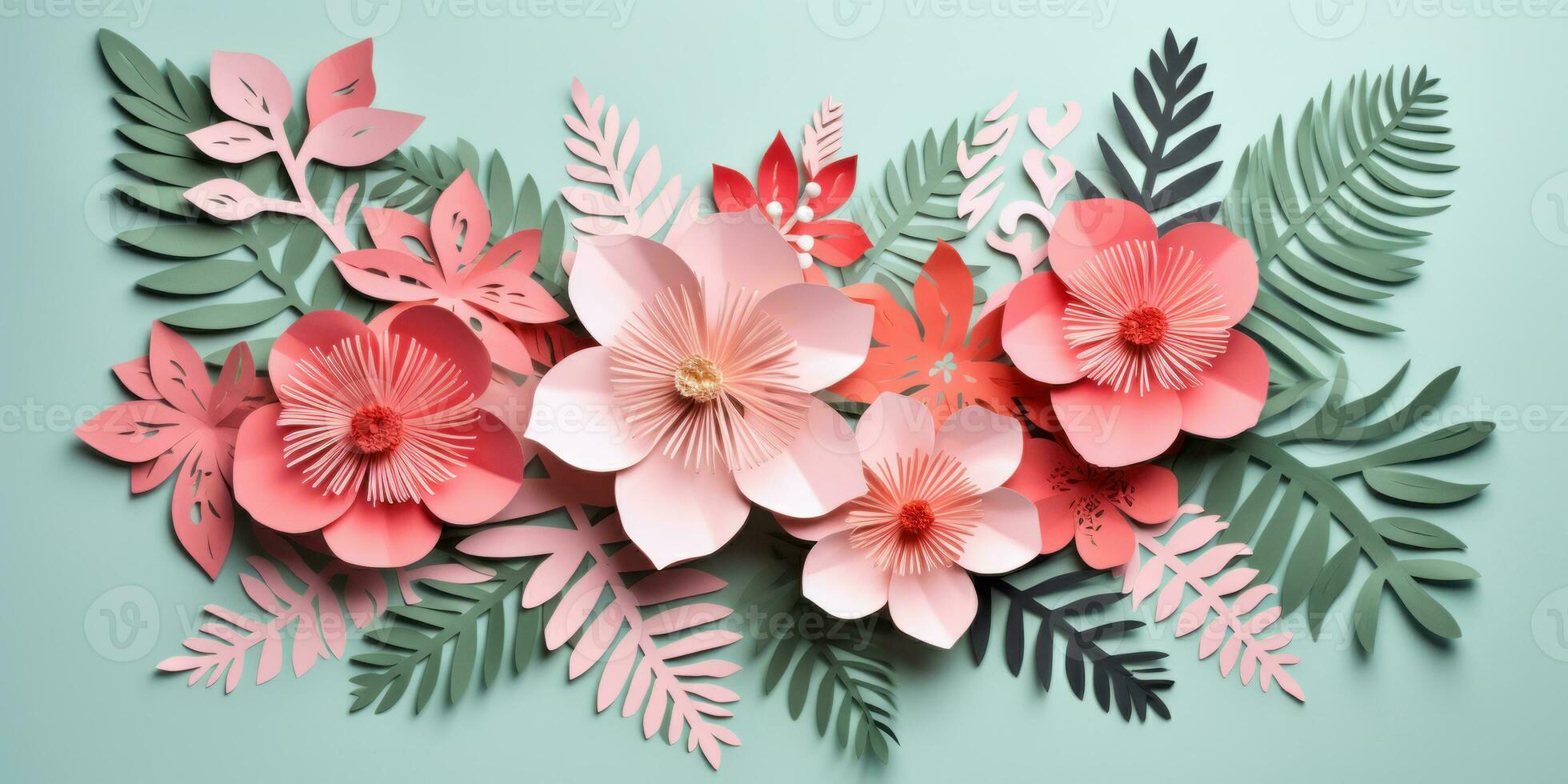 Colorful paper tropical blooms. AI generative. photo