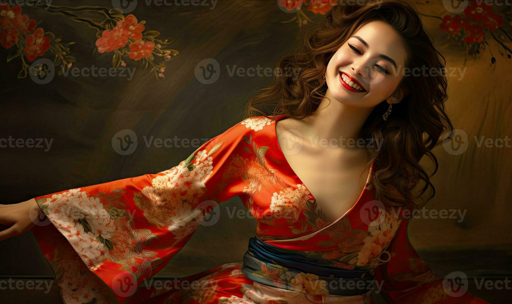 Cheerful Asian lady exuding happiness on a vibrant. AI generative. photo