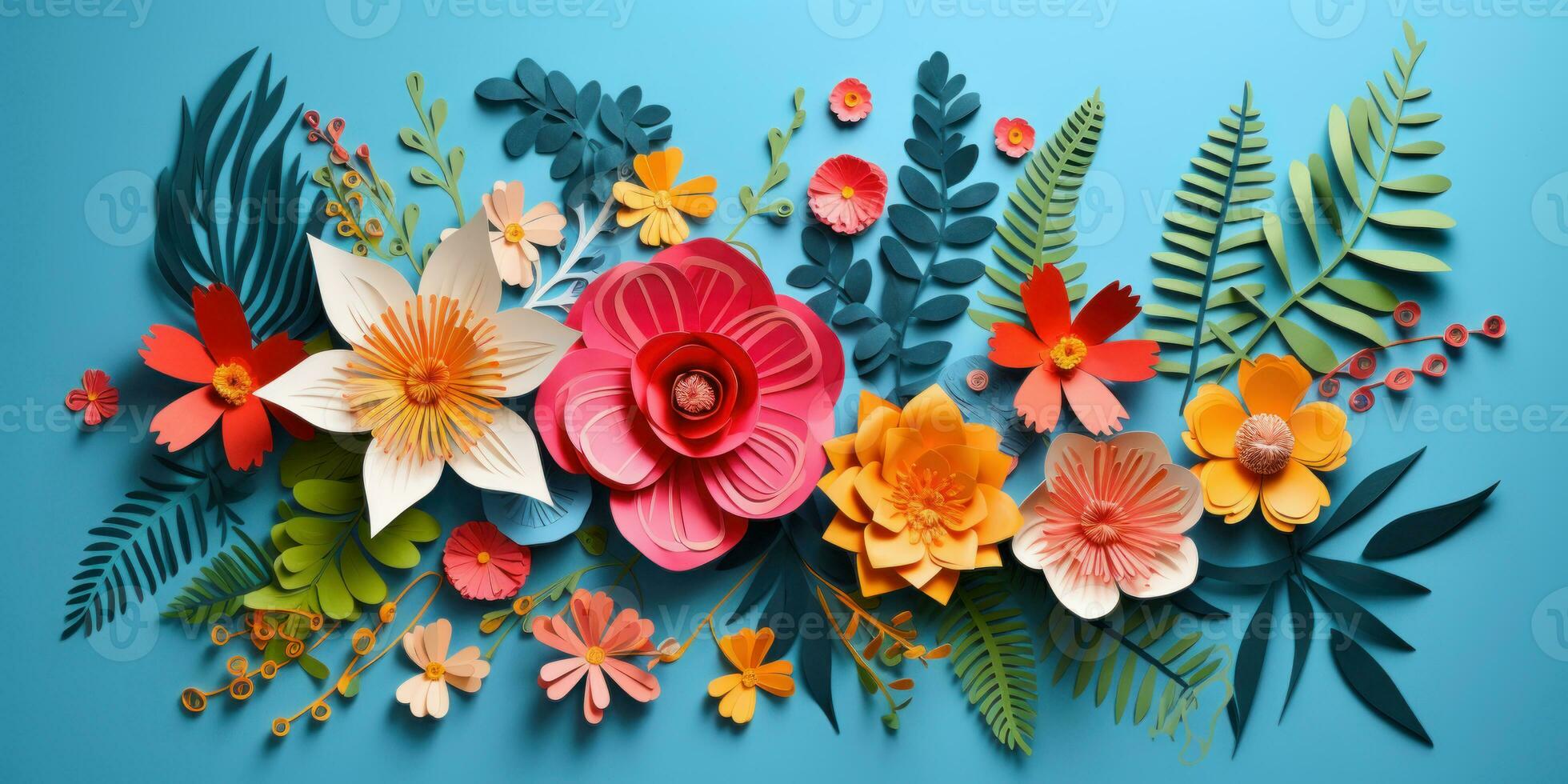 Colorful paper flowers and leaves. AI generative. photo