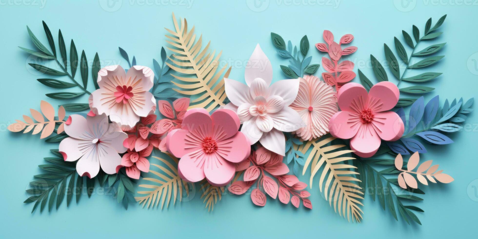 Colorful paper tropical blooms. AI generative. photo