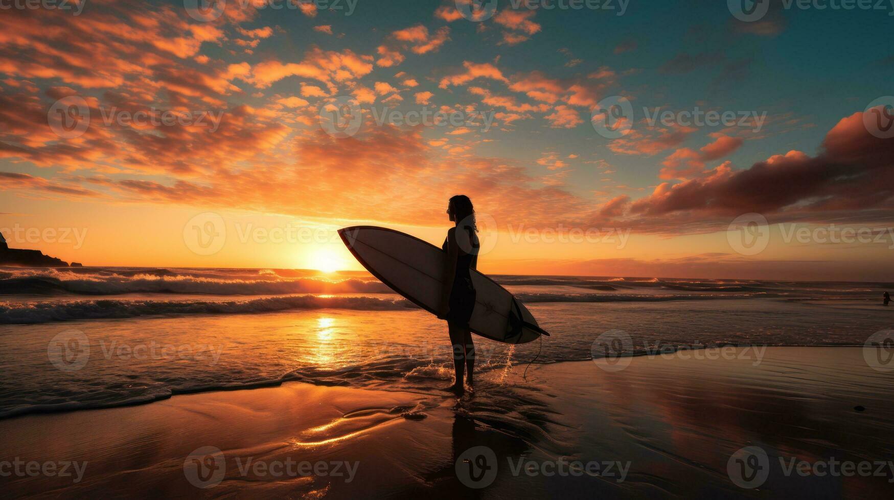 Beautiful Sunset. Silhouette of female surfer holding surfboard while standing on beach. Generative AI photo