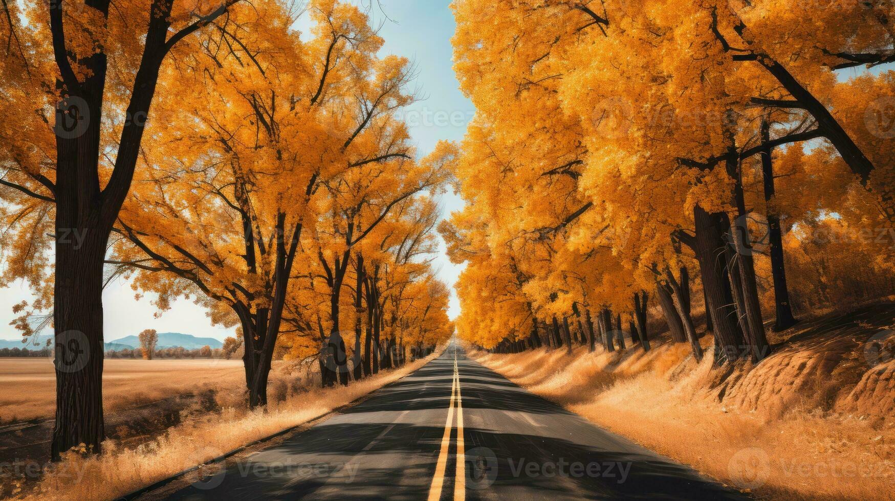 Traveling the Road of Yellow and Orange Autumn Leaves. Generative AI photo