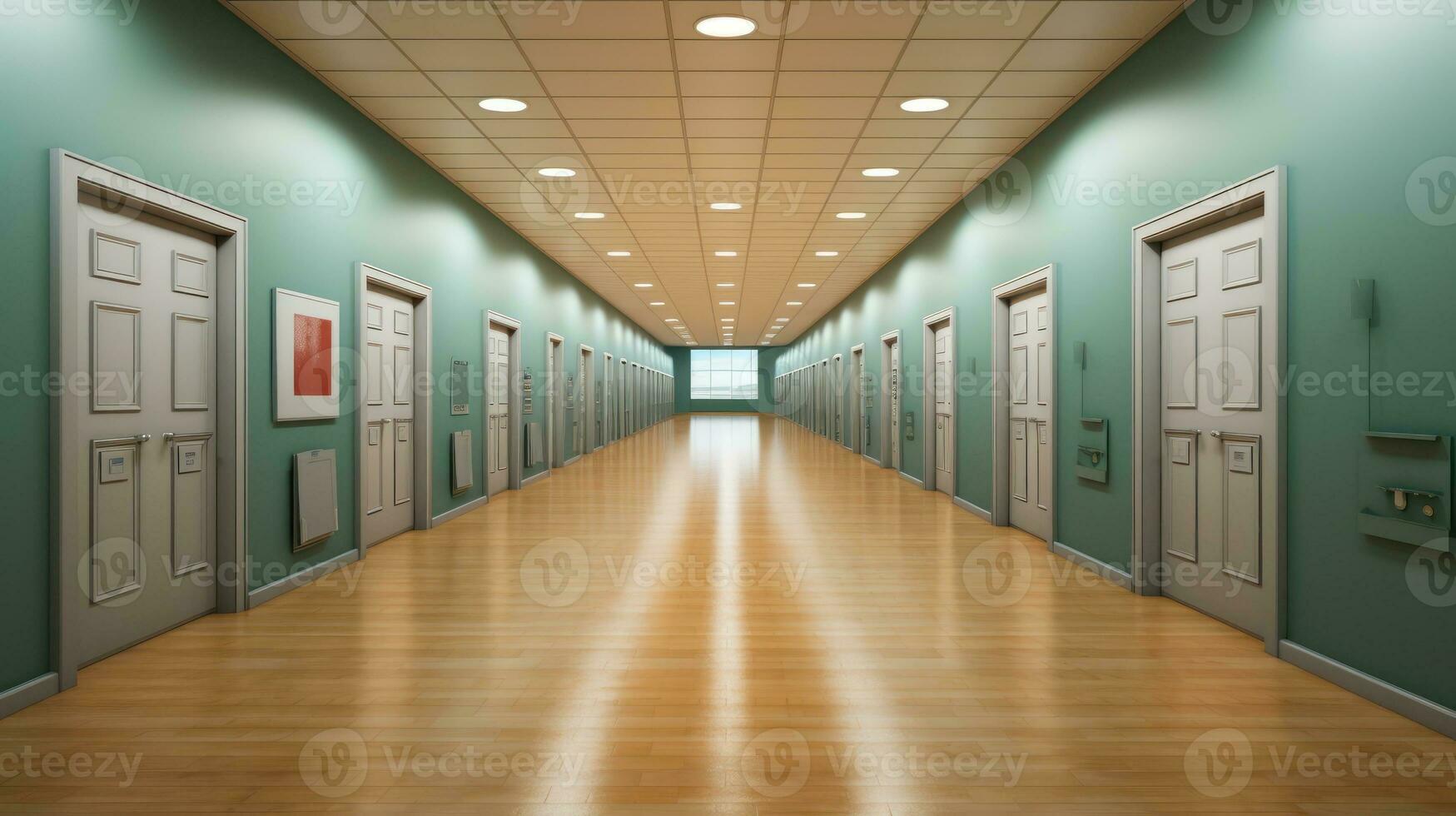 The Sequential Doors of a University Dormitory Hallway. Generative AI photo