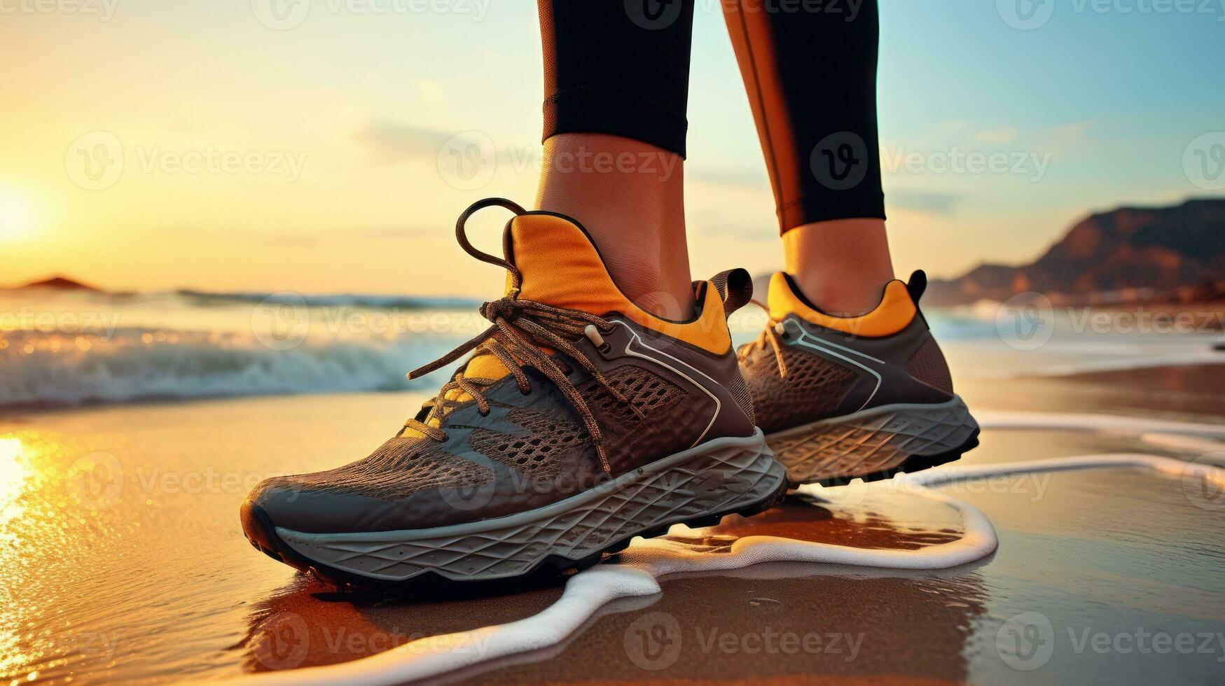 Waves and Wayfarers. Sneaker-Clad Beach Running at Dusk. Generative AI photo