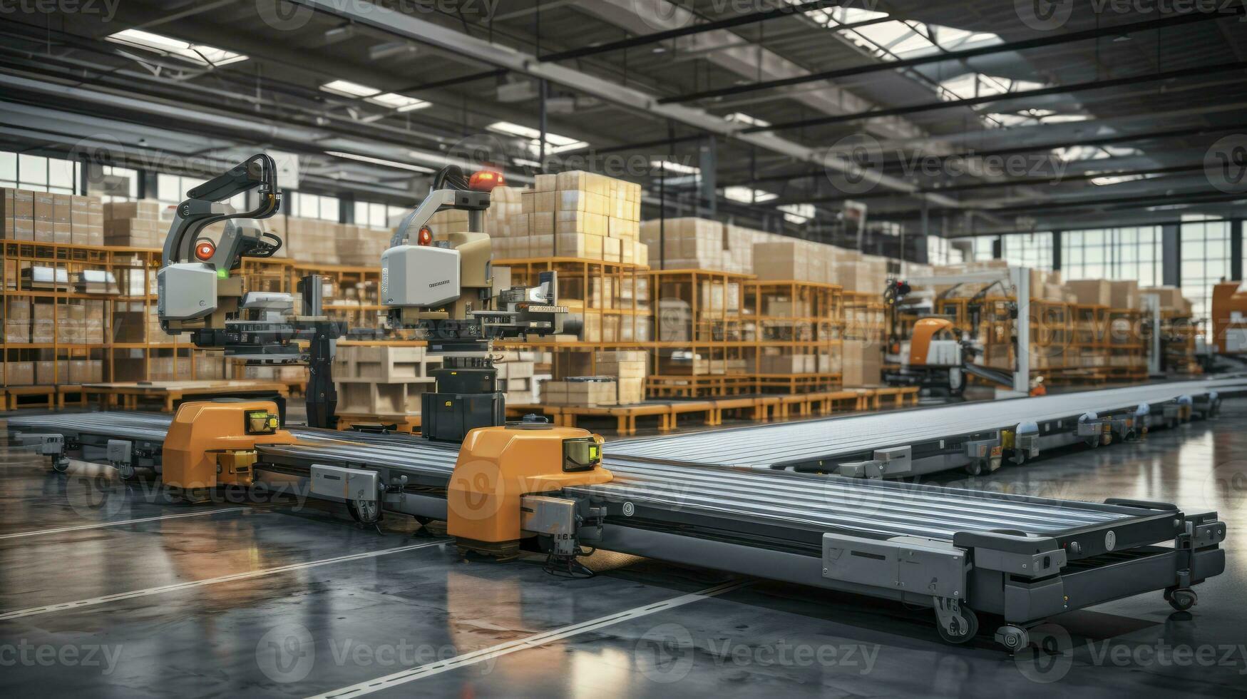 Efficiency Engineered - Distribution Warehouse With Automated Guided Vehicles And Robots Working On Conveyor Belt. Generative AI photo