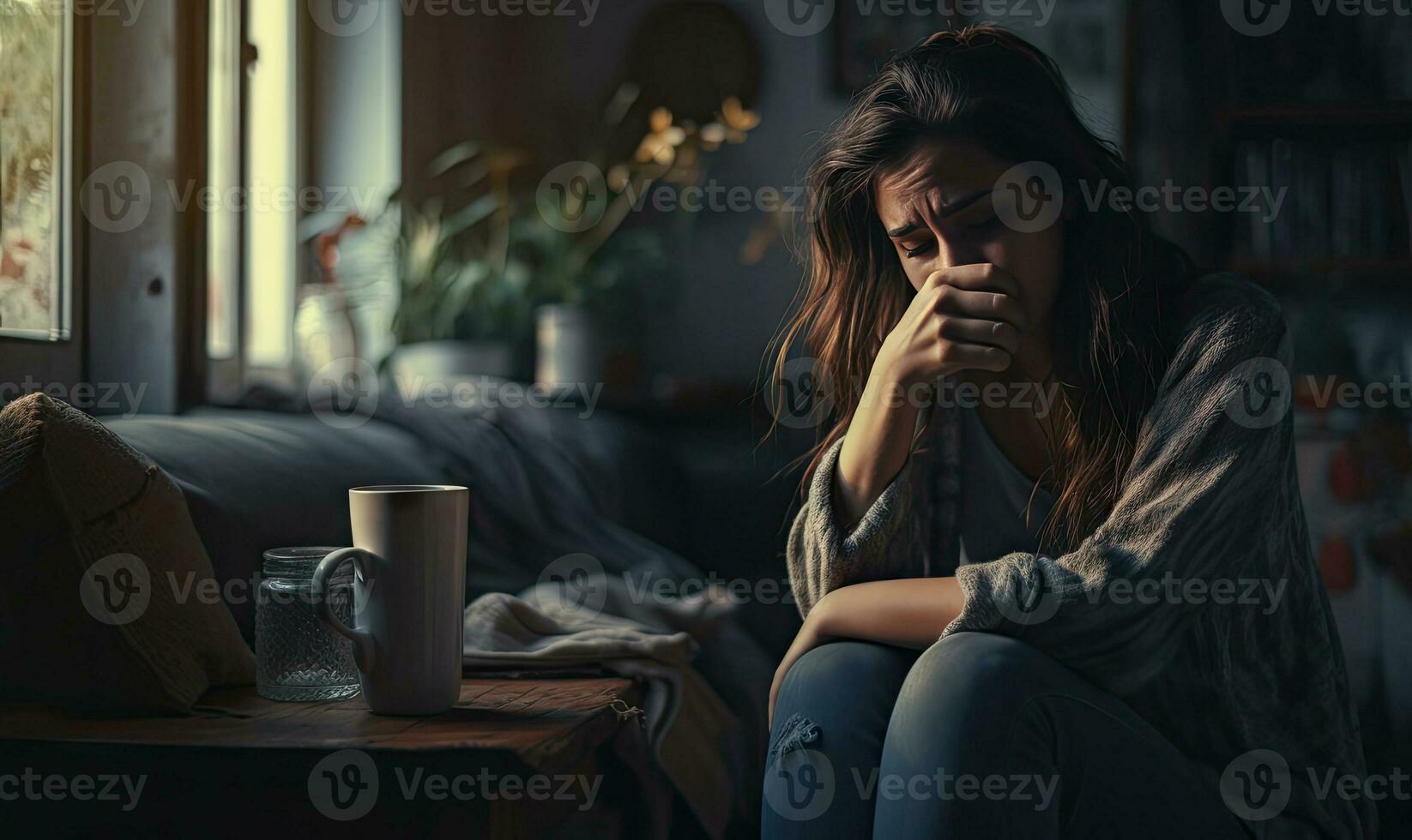 Vulnerable woman at home, lost in thought. AI generative. photo