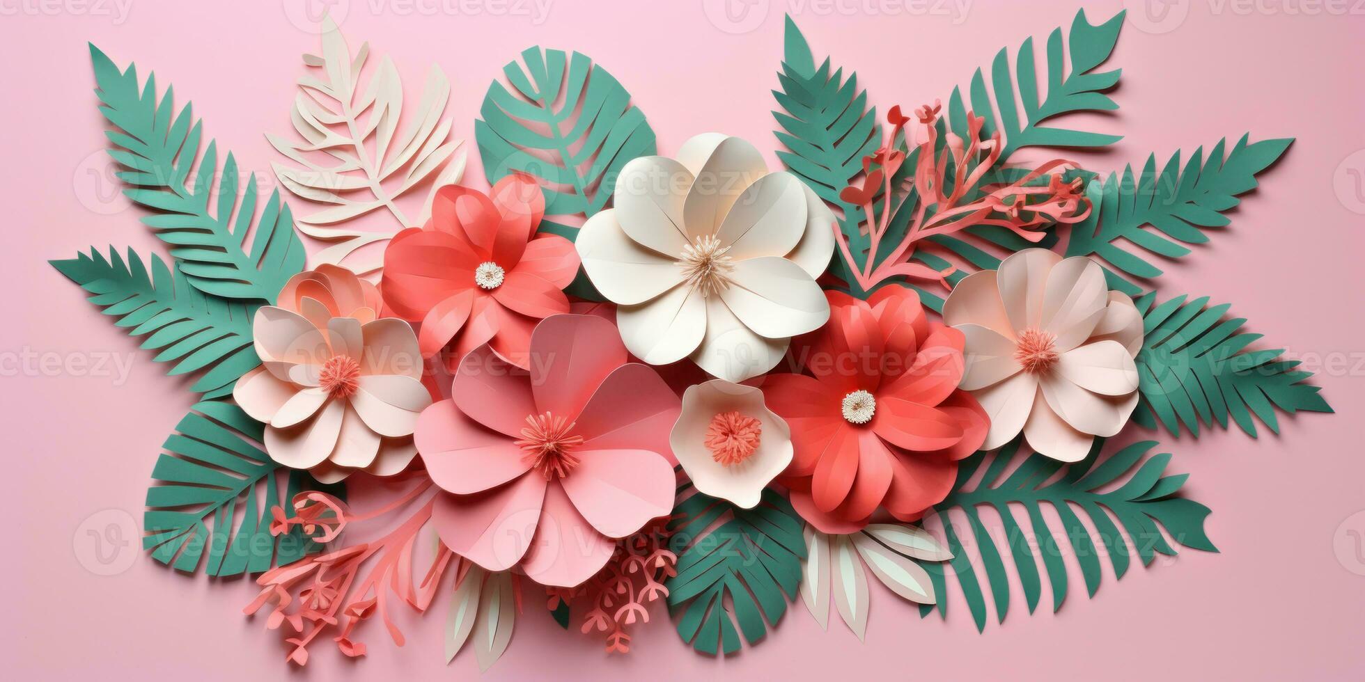 Colorful paper tropical blooms. AI generative. photo