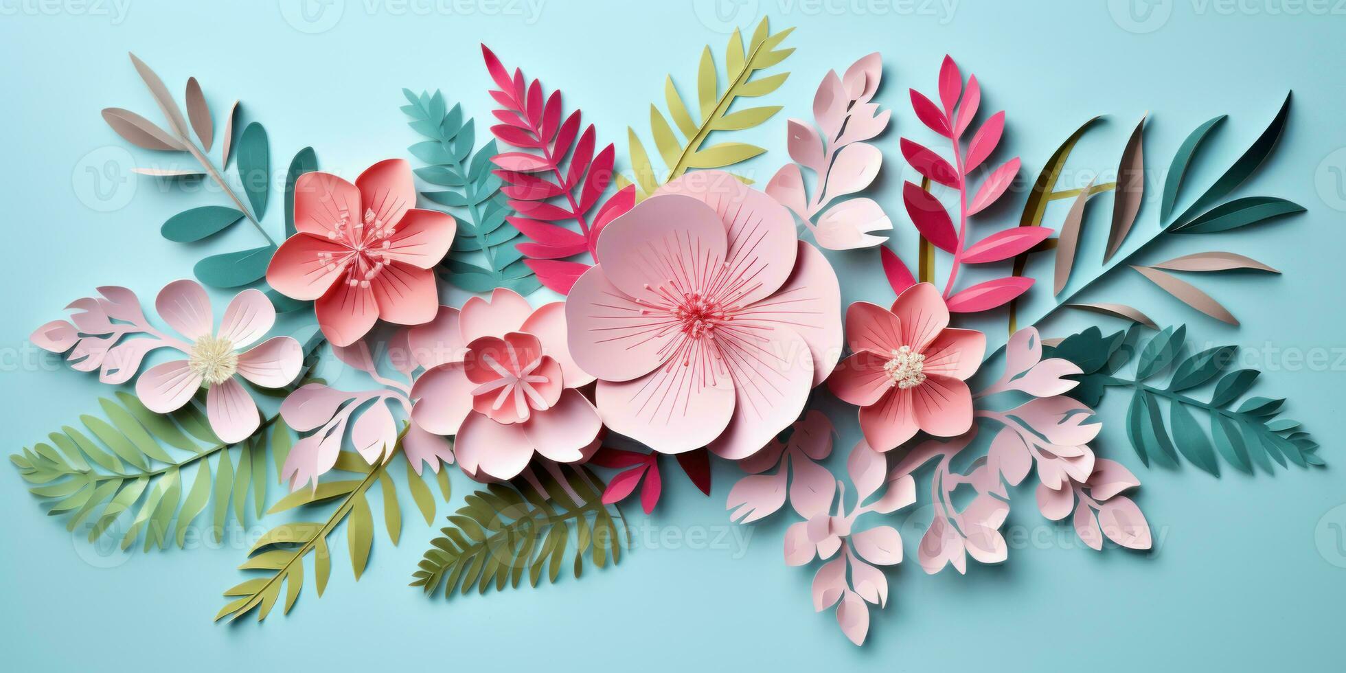 Colorful paper tropical blooms. AI generative. photo