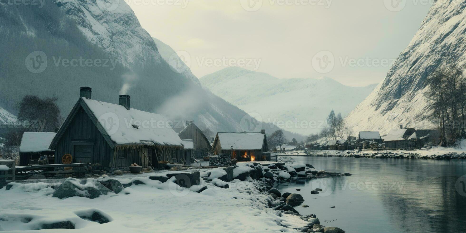 generativo ai, invierno estético paisaje con casa panorama, apagado neutral colores, bosque y montañas.. foto