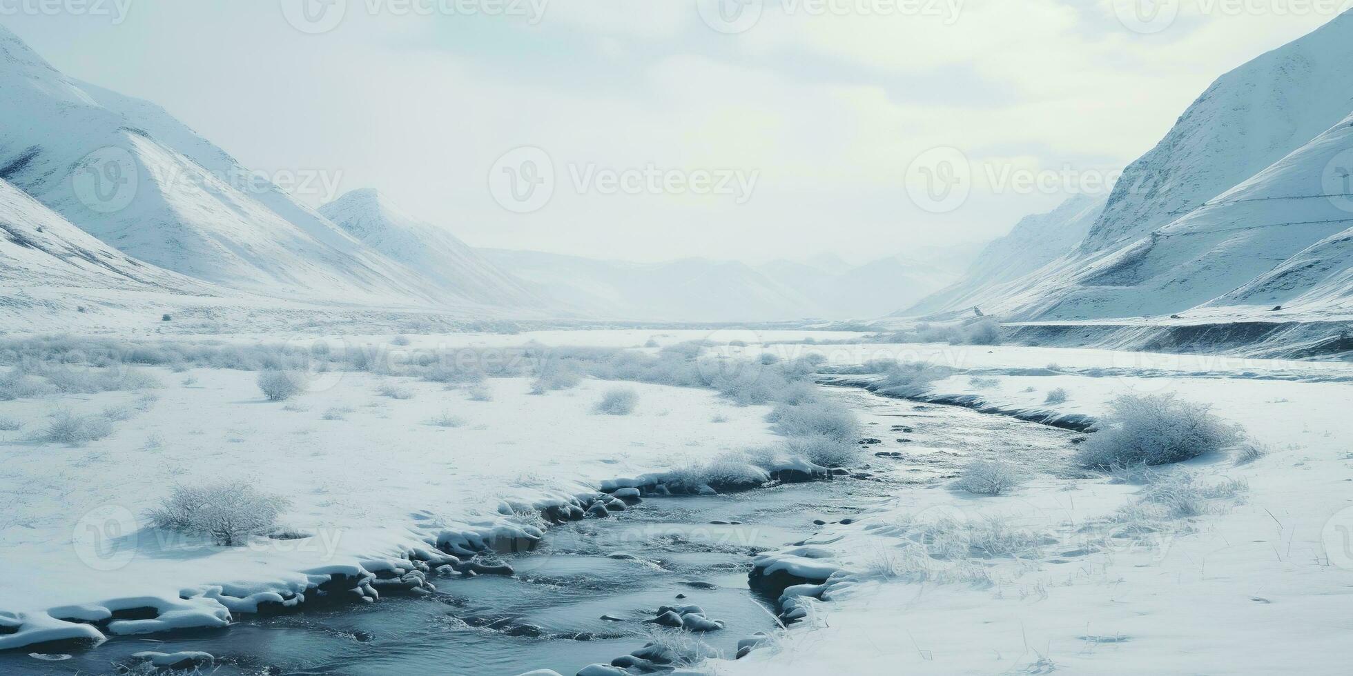 Generative AI, Winter aesthetic landscape panorama, muted neutral colors, forest and mountains. photo