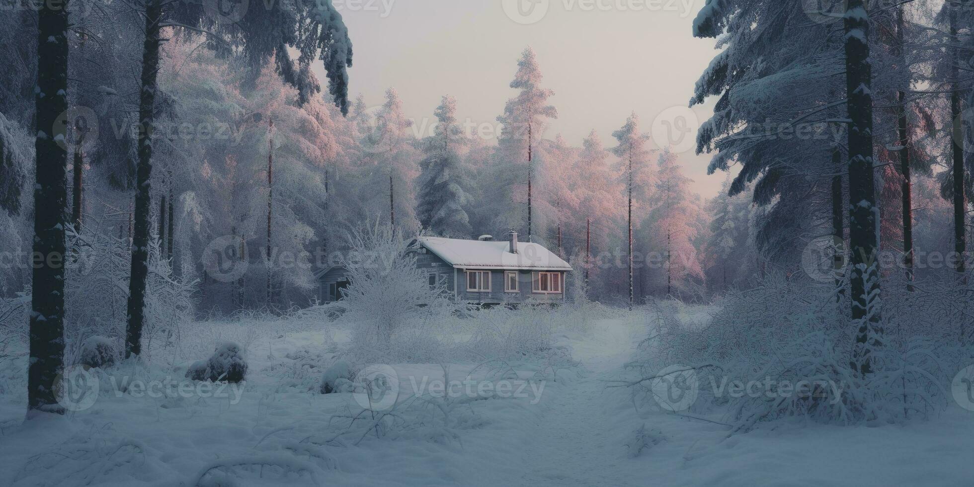 Generative AI, Winter aesthetic landscape with house panorama, muted neutral colors, forest and mountains.. photo