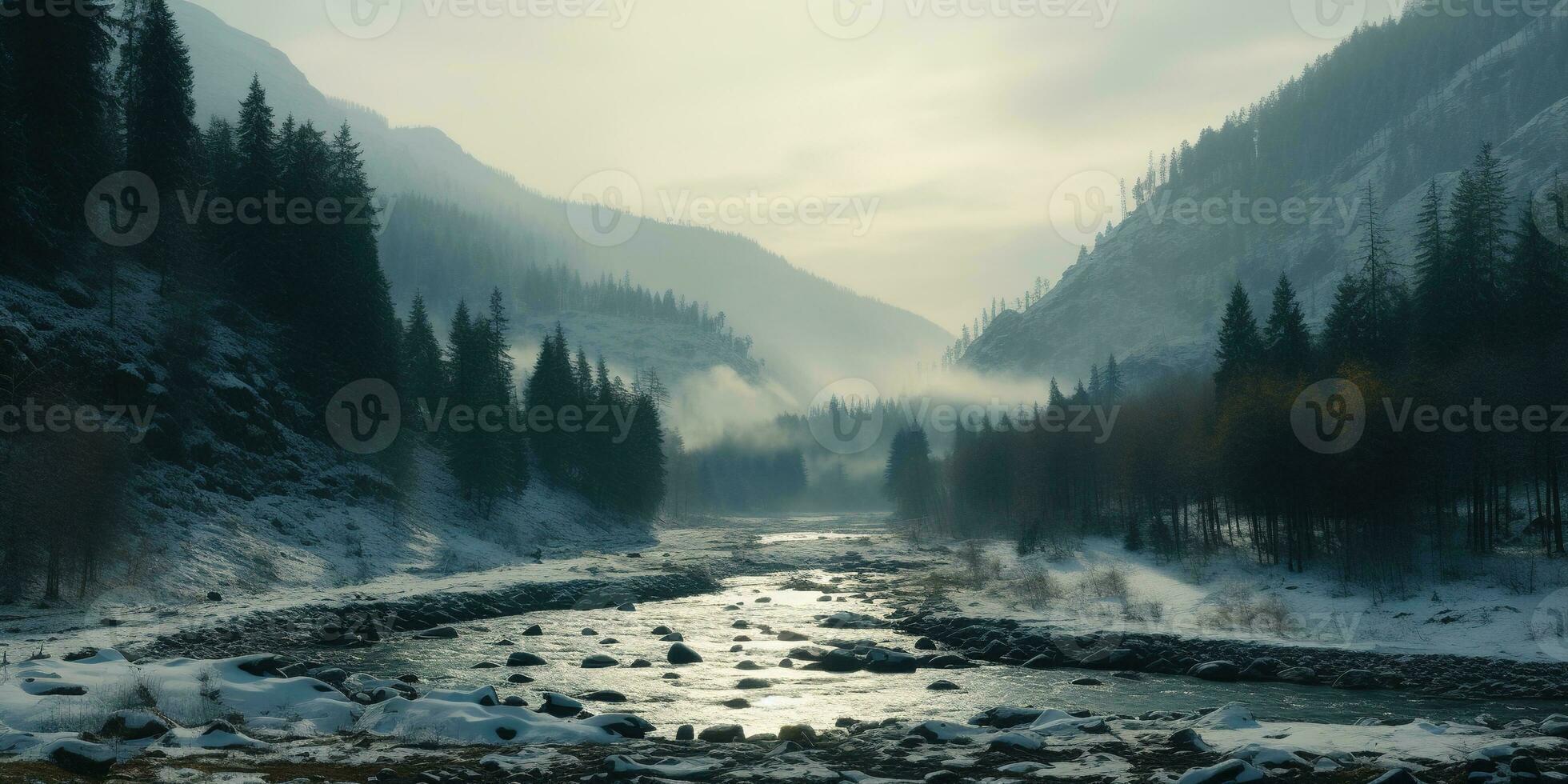 Generative AI, Winter aesthetic landscape panorama, muted neutral colors, forest and mountains. photo