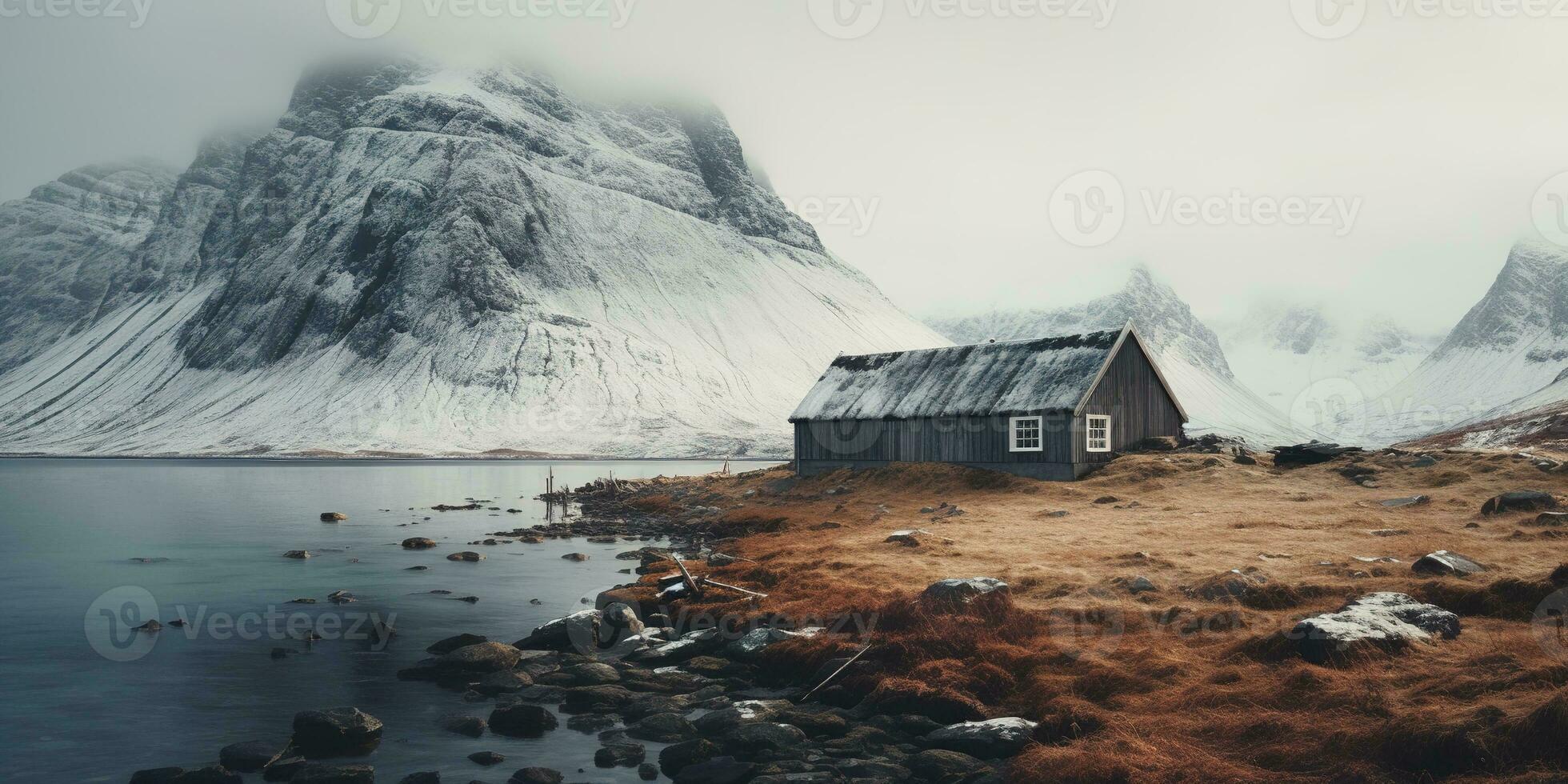 Generative AI, Winter aesthetic landscape with house panorama, muted neutral colors, forest and mountains.. photo