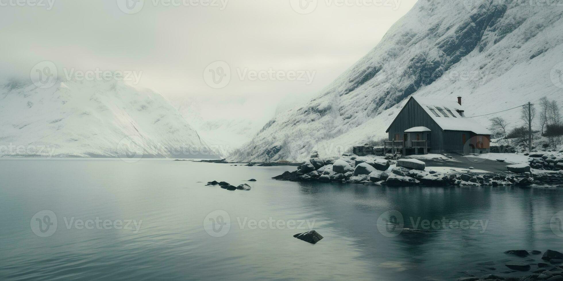 Generative AI, Winter aesthetic landscape with house panorama, muted neutral colors, forest and mountains.. photo