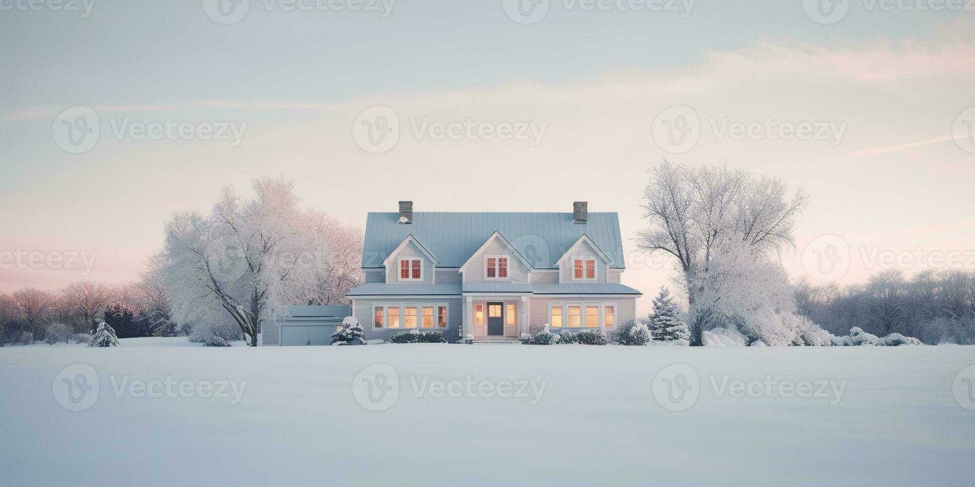 Generative AI, Winter aesthetic landscape with house panorama, muted neutral colors, forest and mountains.. photo