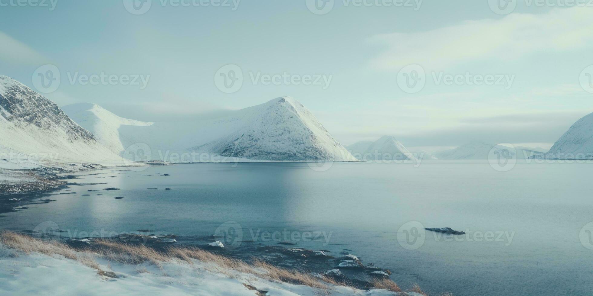 Generative AI, Winter aesthetic landscape panorama, muted neutral colors, forest and mountains. photo