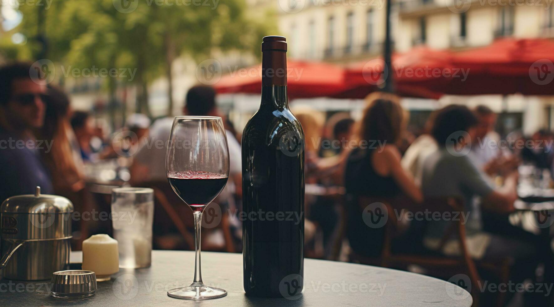 Generative AI, glass of wine and bottle on wooden table with blur background with lights of street bar, cafe, coffee shop or restaurant, wine mock up photo