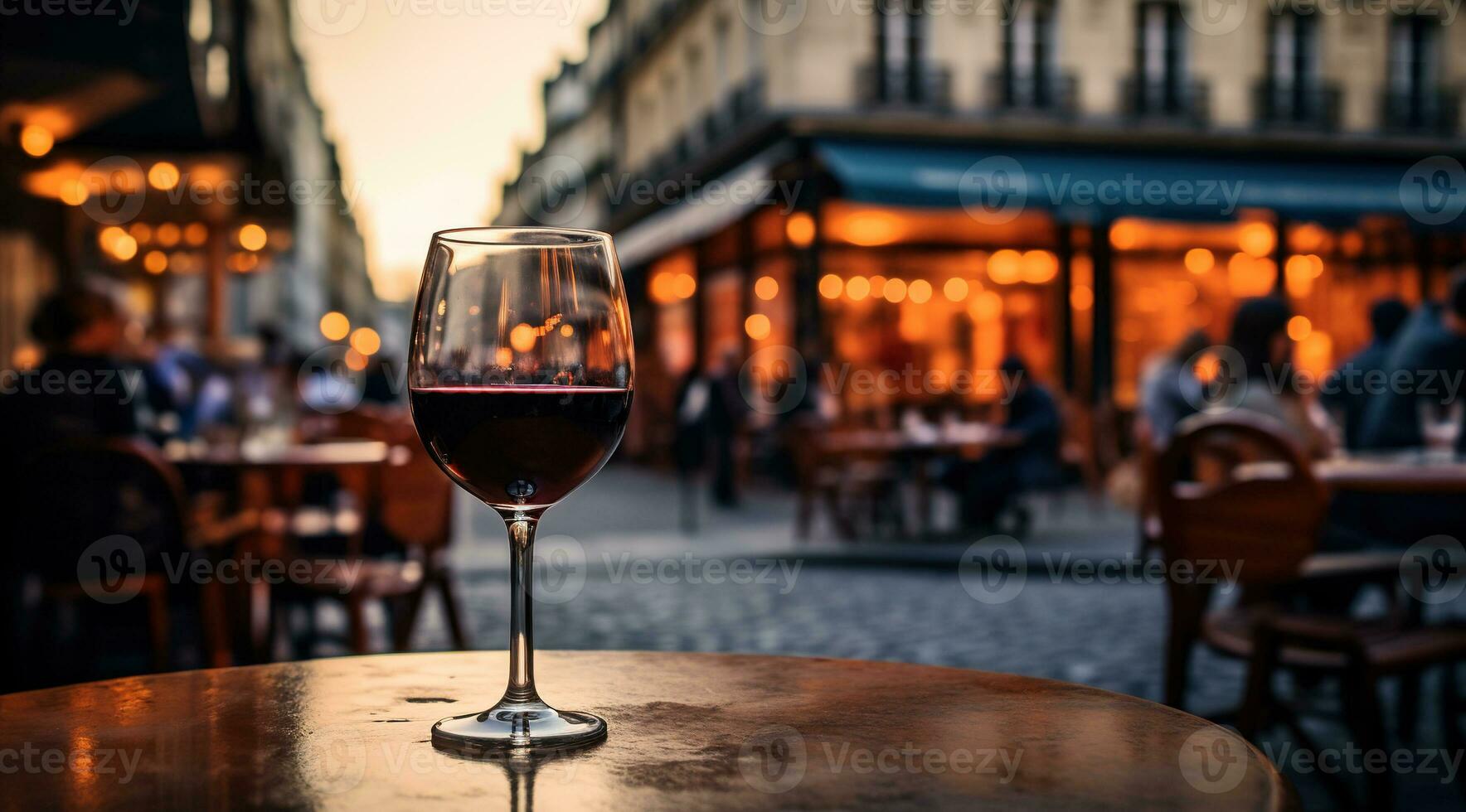 Generative AI, glass of wine and bottle on wooden table with blur background with lights of street bar, cafe, coffee shop or restaurant, wine mock up photo