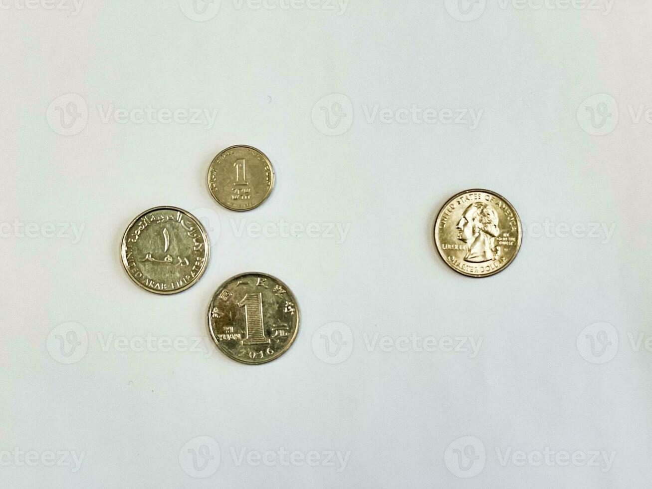 US quarter dollar coin vs one yuan, one dirham and one shekel photo