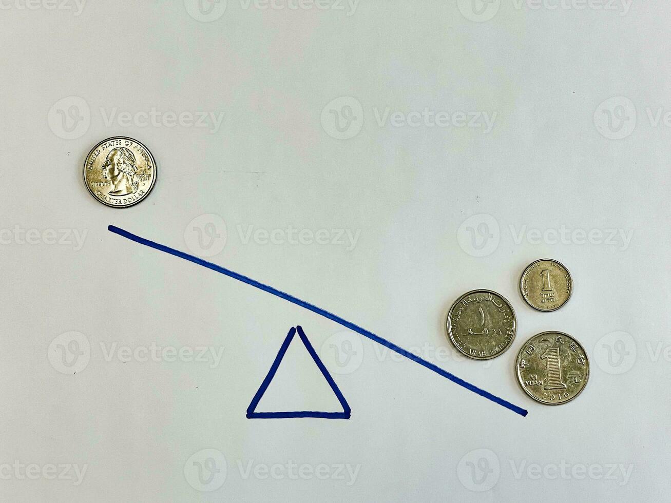 US quarter dollar coin vs one yuan, one dirham and one shekel on drawn scales photo