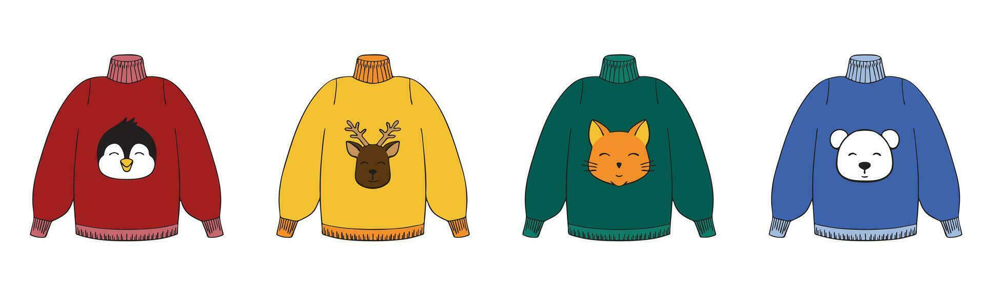 Set of cartoon ugly sweaters. Warm winter clothes with fox, penguin, polar bear, deer. Christmas knitted sweaters. Vector illustration