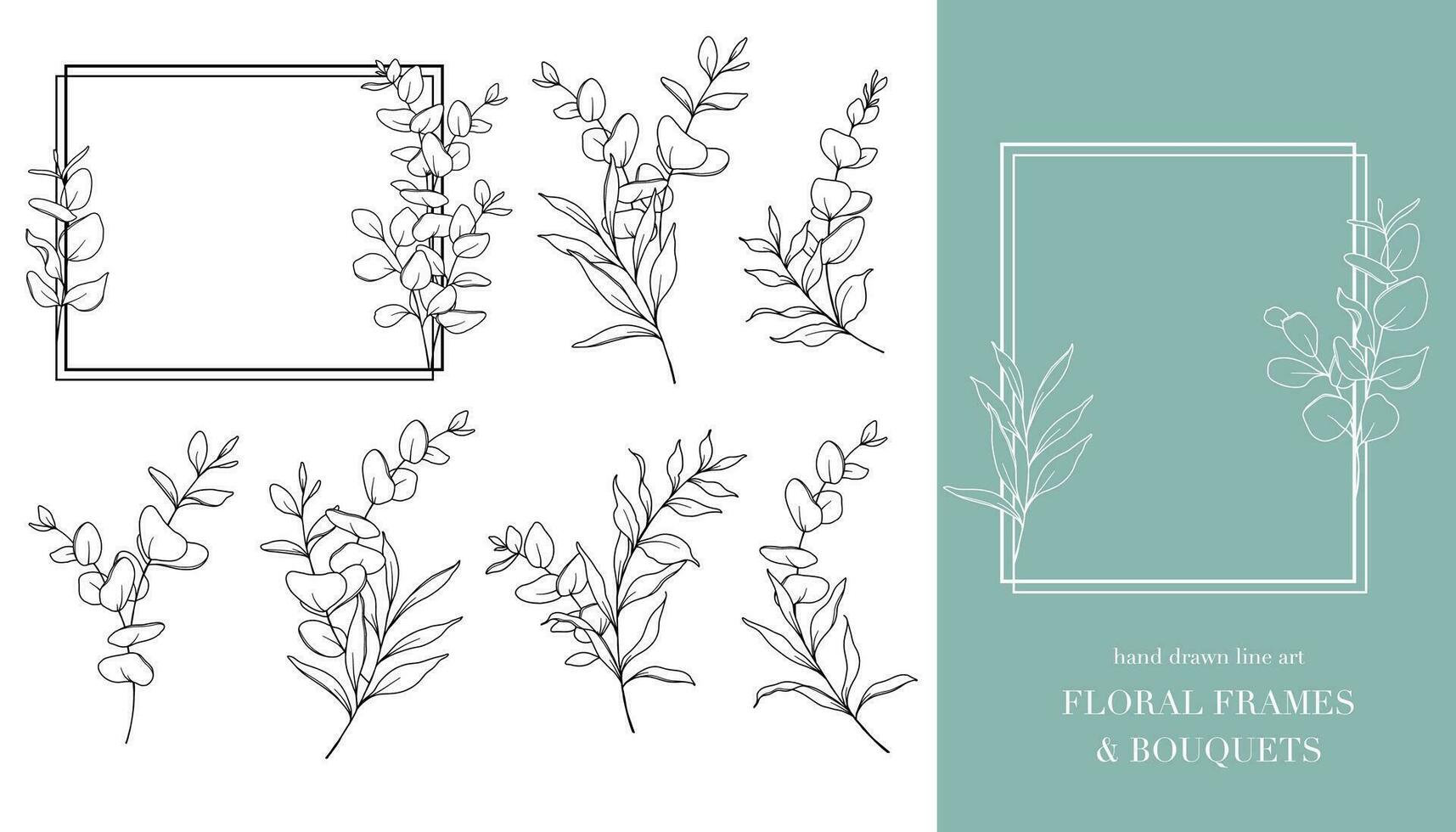 Eucalyptus Line Art. Floral Frames and Bouquets Line Art. Fine Line Eucalyptus Frames Hand Drawn Illustration. Hand Draw Outline Leaves and Flowers. Botanical Coloring Page. Eucalyptus Isolated vector