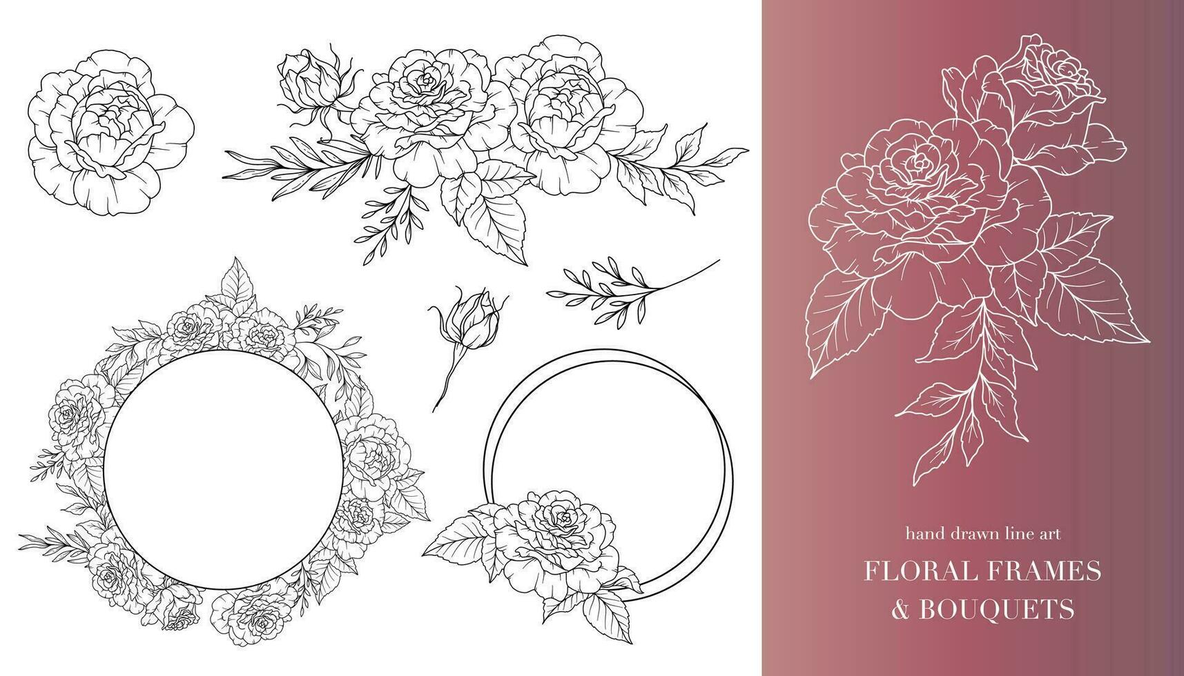 Rose Flower Line Art. Floral Frames and Bouquets Line Art. Fine Line Roses Frames Hand Drawn Illustration. Hand Draw Outline Leaves and Flowers. Botanical Coloring Page. Roses peony Isolated vector