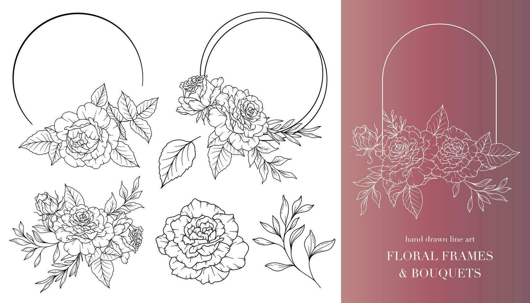 Rose Flower Line Art. Floral Frames and Bouquets Line Art. Fine Line Roses Frames Hand Drawn Illustration. Hand Draw Outline Leaves and Flowers. Botanical Coloring Page. Roses peony Isolated vector