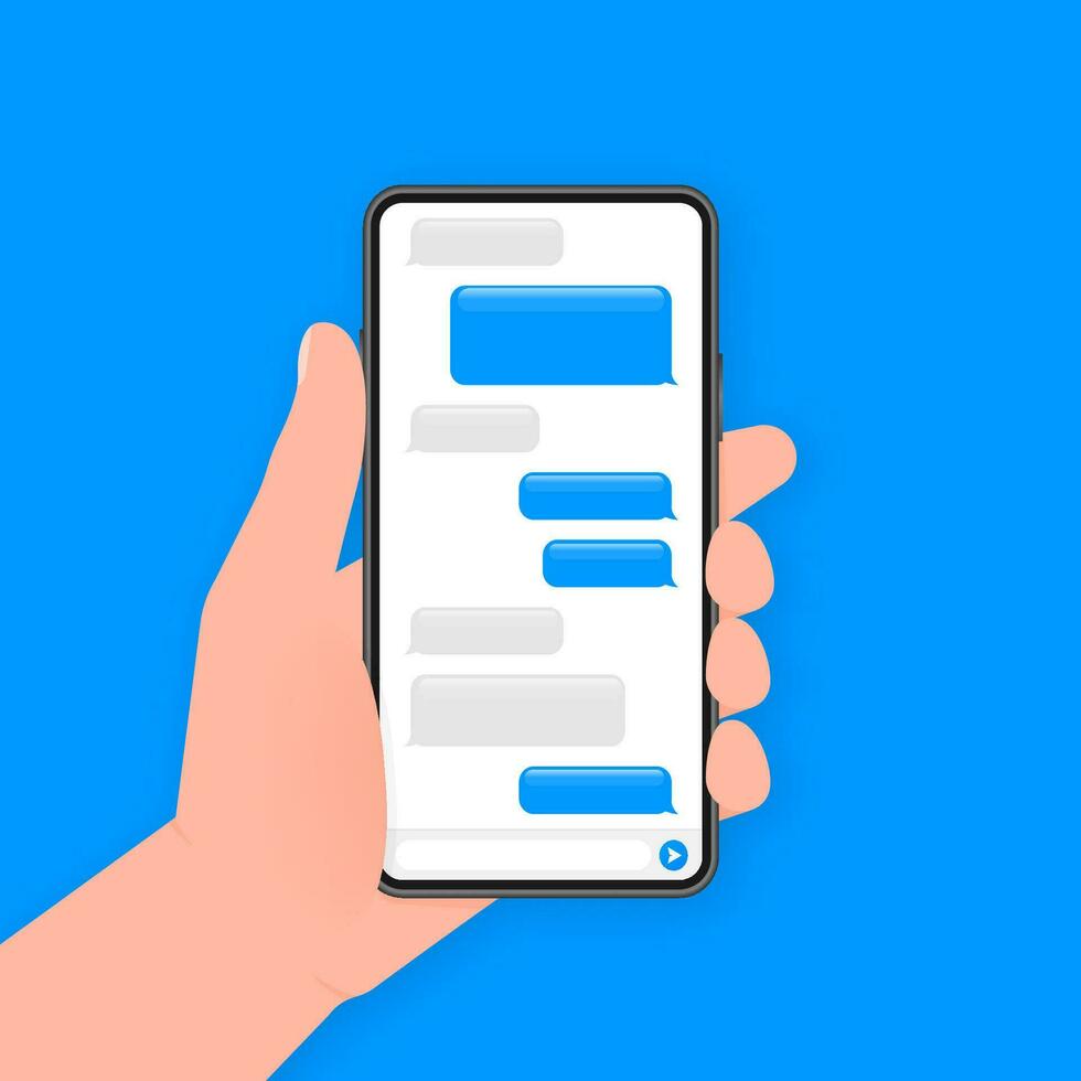 Hand holds phone with chat message on blue background. Vector illustration.