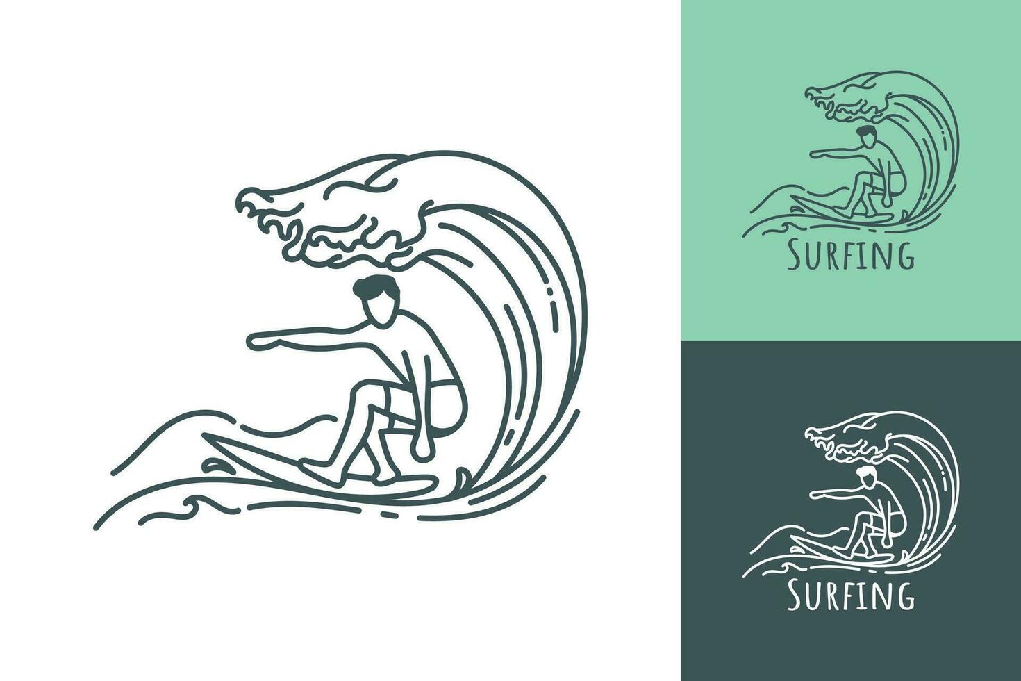 Surfing line art logo of a man surfing in a rolling ocean wave vector illustration