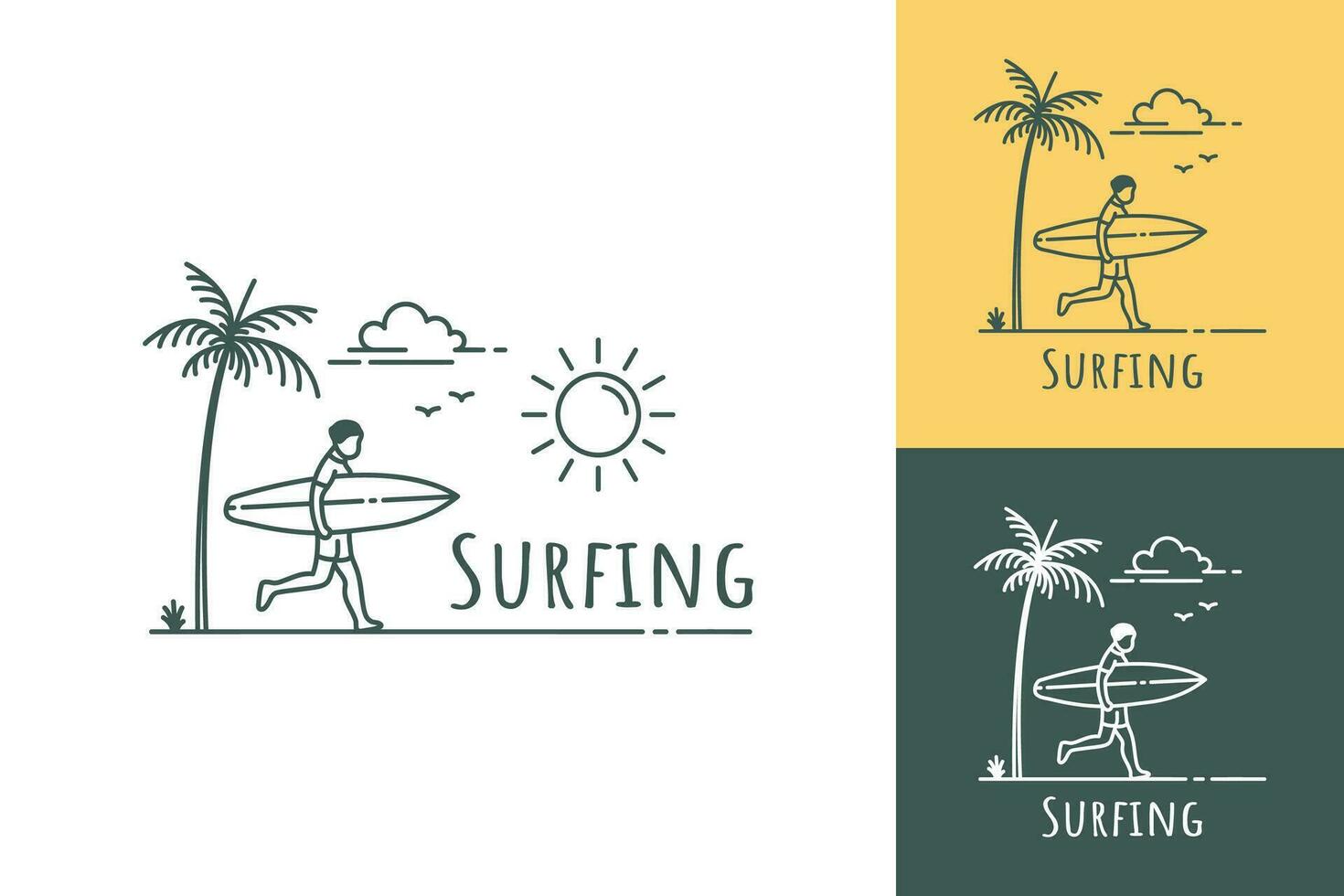 Simple illustration of surfer running with surfboard on tropical beach with text surfing vector