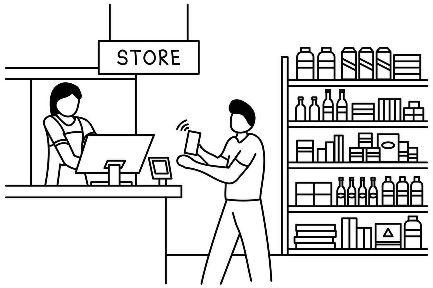 Illustration of two people making contactless payment in a shop or supermarket in outline design style vector