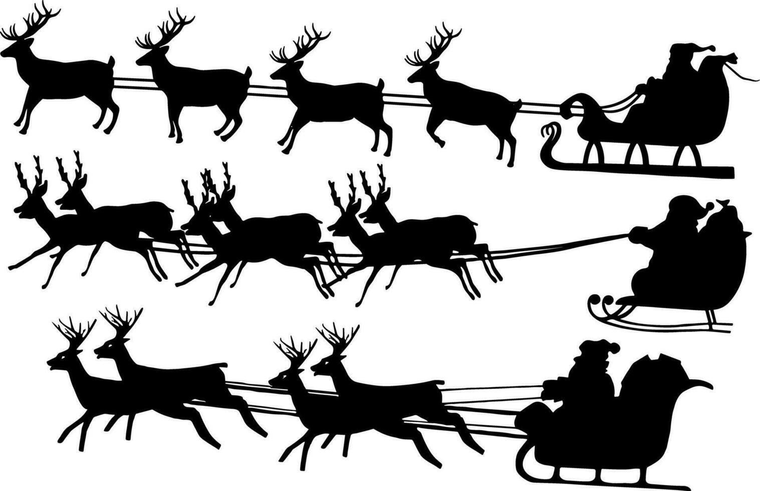 conjunto de Navidad Papa Noel claus con su trineo y reno silueta vector