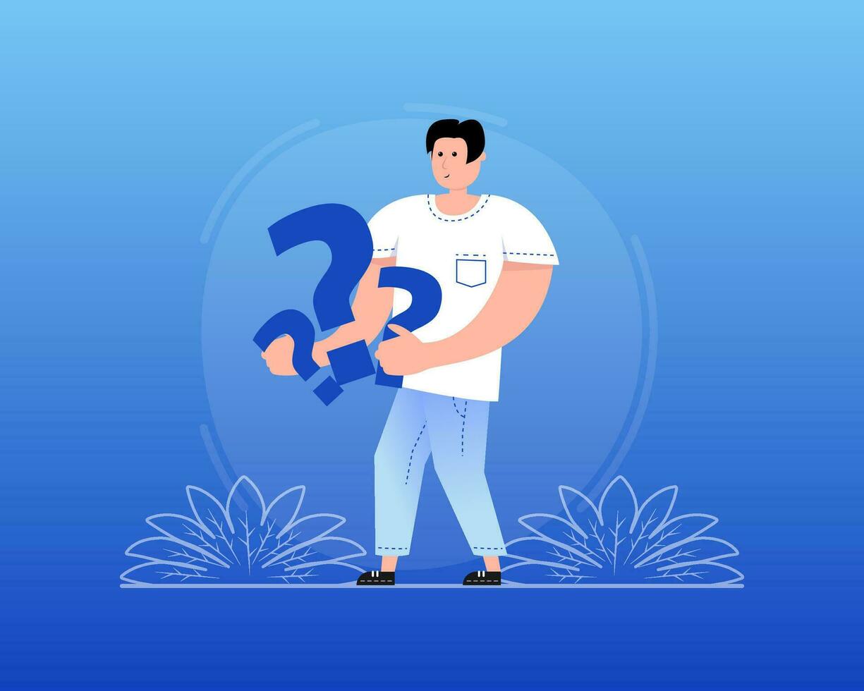 Man holding magnifying glass and looking through. Frequently asked questions. vector